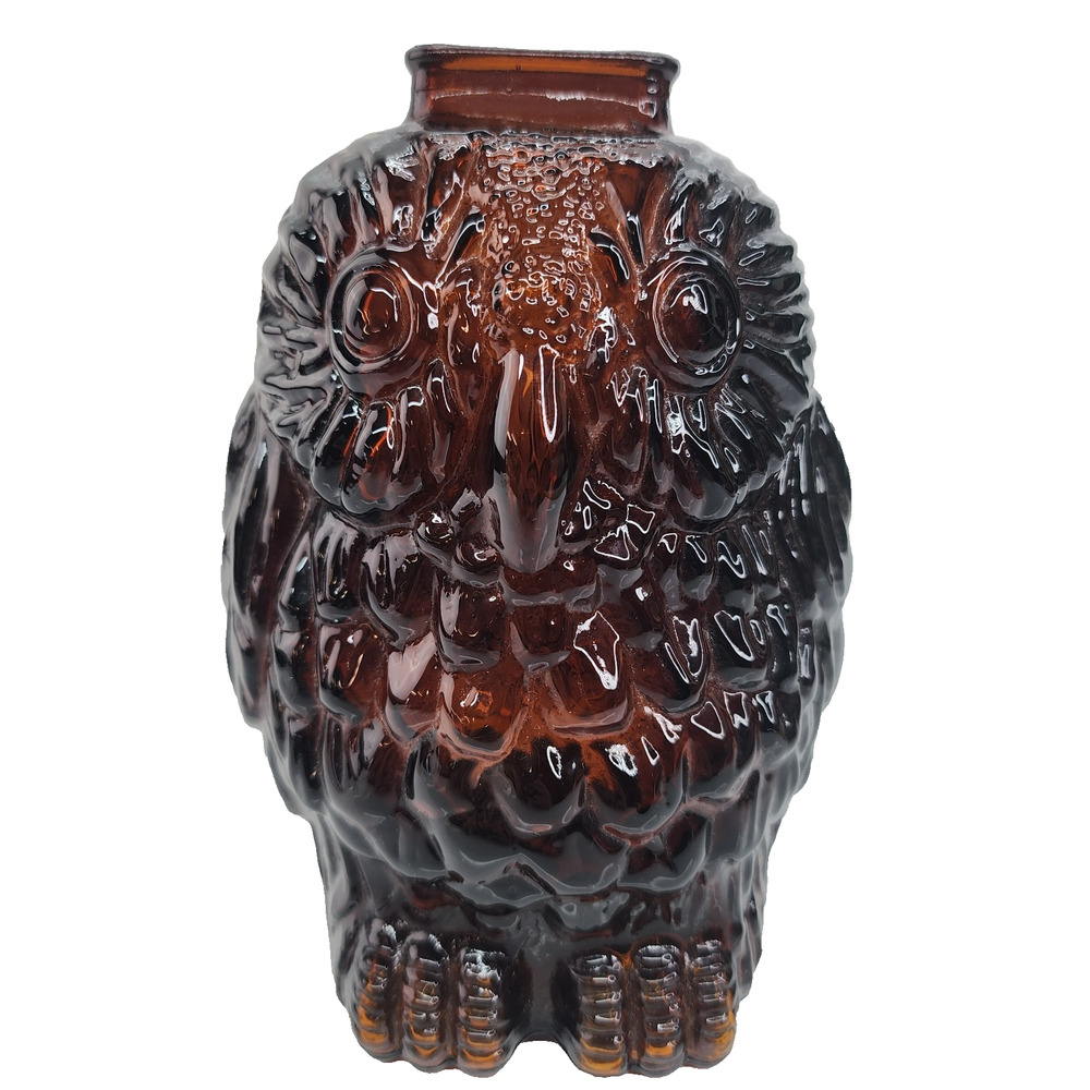 Vintage Libbey Wise Old Owl Amber Glass Bank Brown Coin Jar 6.5”